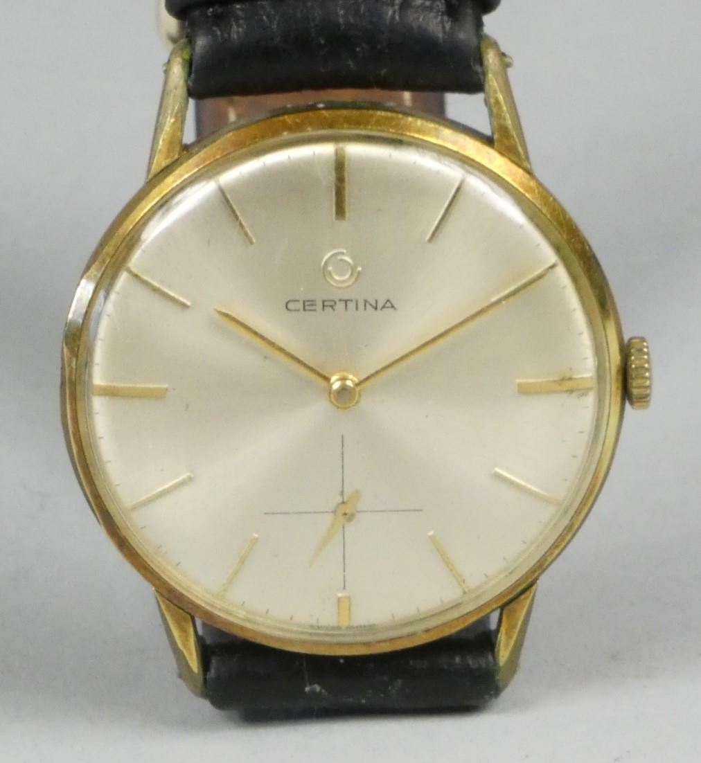 Certina, a gentleman's gold plated manual wind wristwatch, silvered dial with baton markings, case