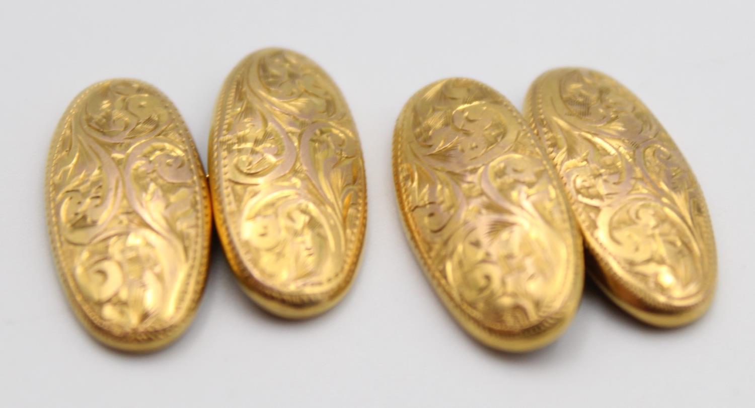 A pair of oval 9ct rose gold cufflinks, Birmingham 1919, with engraved decoration, 3 gms. - Image 4 of 5