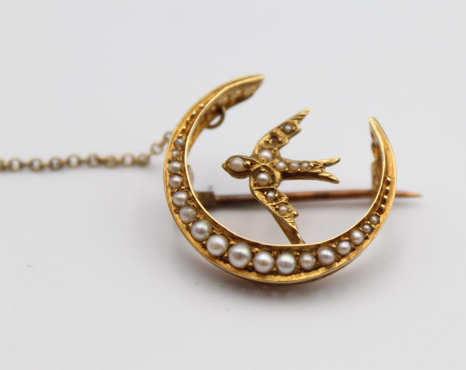 A Victorian 15ct gold and half pearl brooch, Chester hallmark, no date letter, in the form of a - Image 3 of 5