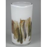 David Wallace, white glass vase with earth tone pattern, engraved D WALLACE OTLEY 1984 on base,