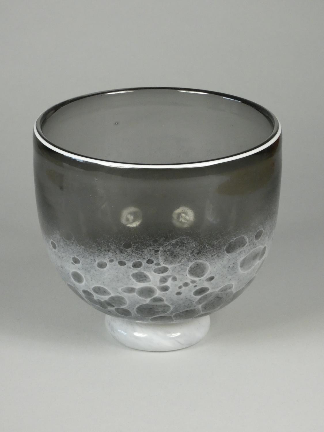 Andrew Sanders, a collection of three glass bowls with grey and black bubble design, engraved - Image 2 of 7