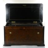 A 19th century Swiss Music box in a burr walnut and ebonised case with 2 cones and central musical