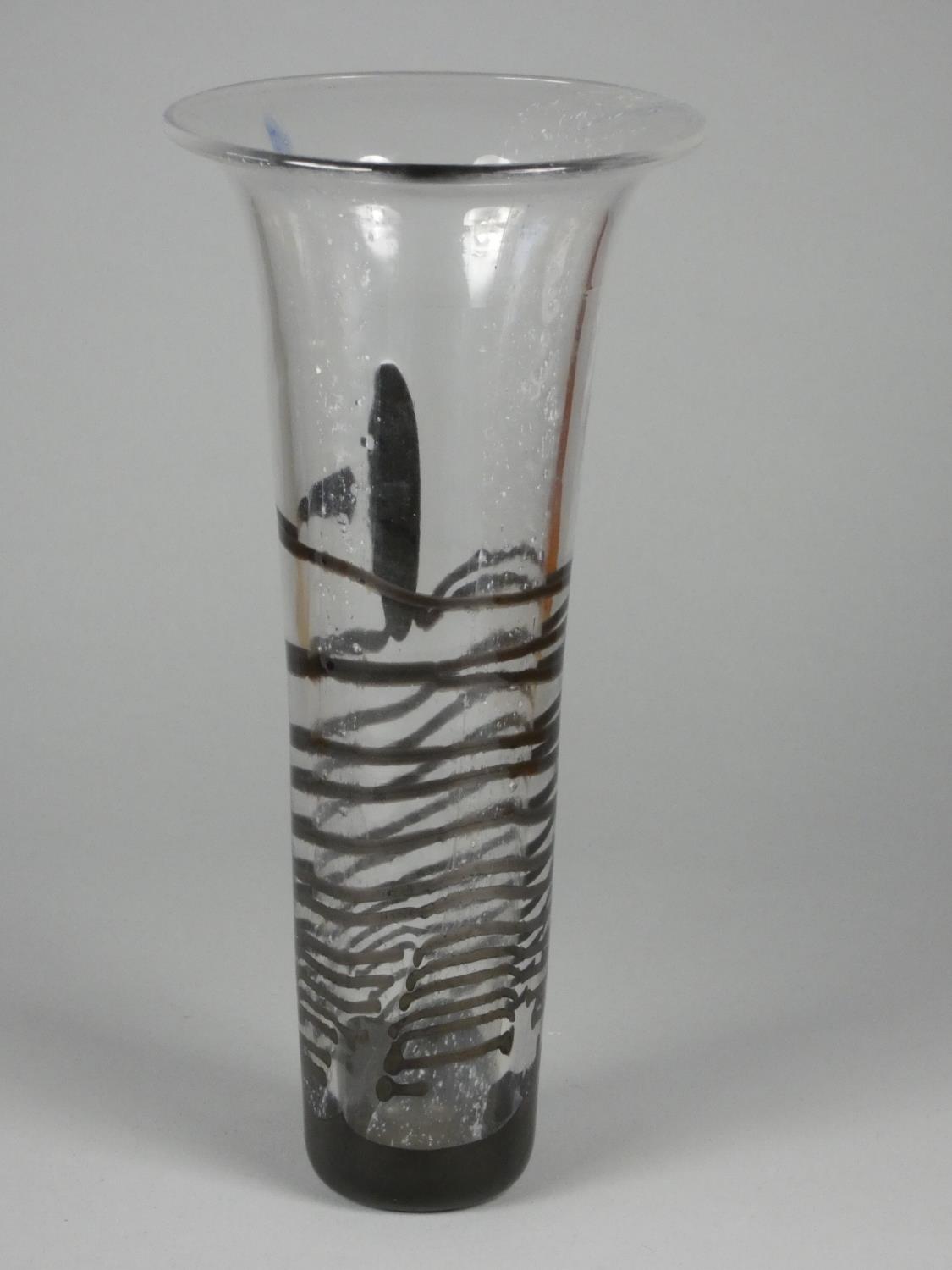 Andrew Sanders, glass vase with black lines, engraved taitome '83 on base, height 25 cm - Image 3 of 4