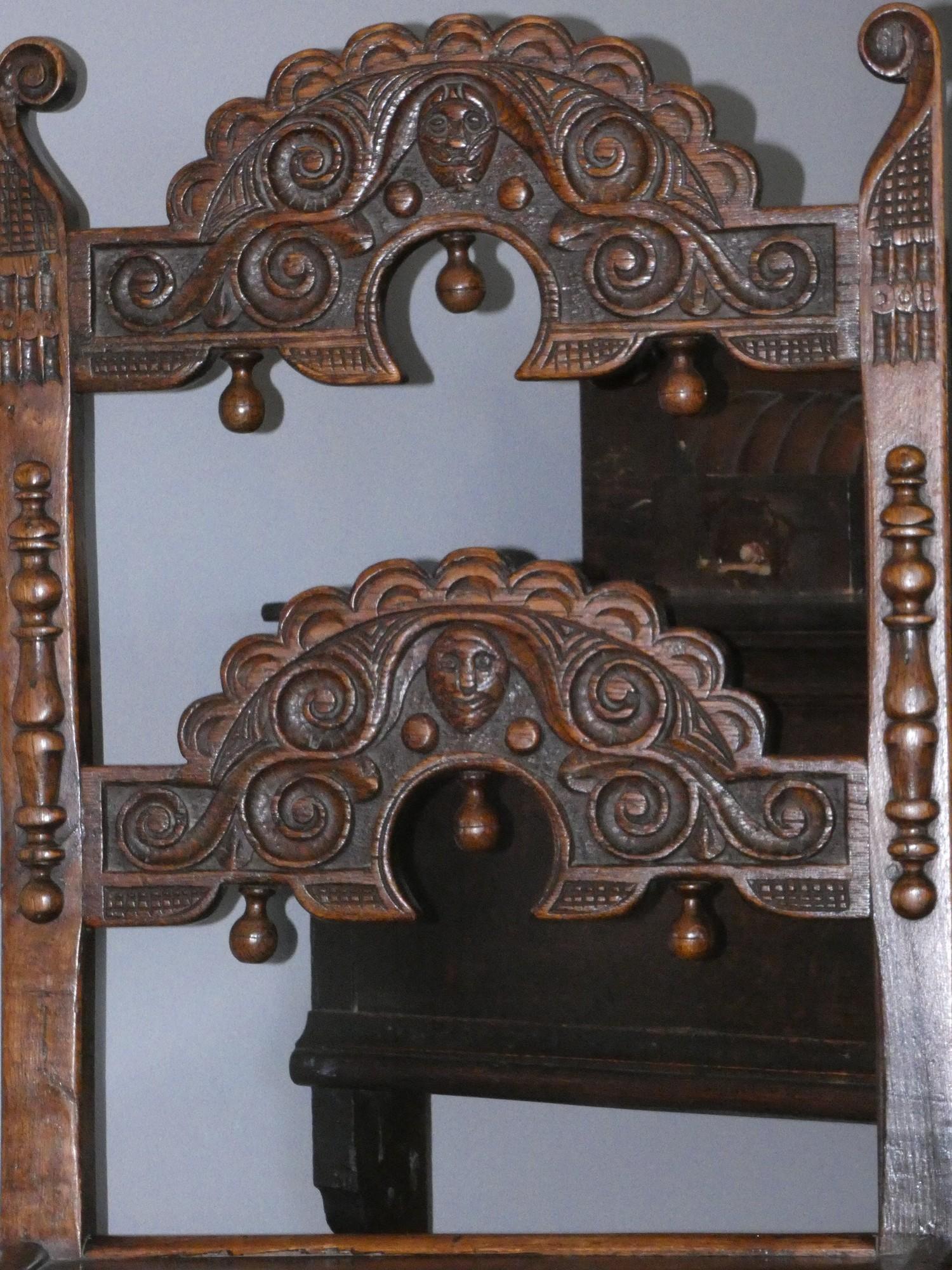 A 19th century and later oak Yorkshire chair, with two carved back rails. - Image 2 of 2