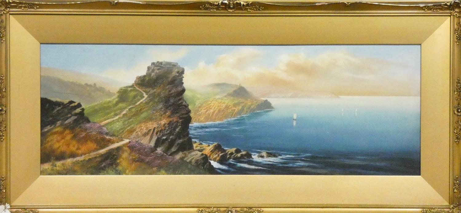 Roland Stead (20th century), rocky shoreline, signed, watercolour, 26 x 77 cm.