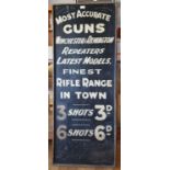A painted wood double sided sign, Always open on a Sunday and Most Accurate Guns, 140 x 55 cm.