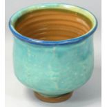 A glazed chawan of cylindrical form, painted with shades of blue with a cobalt rim, unknown maker,