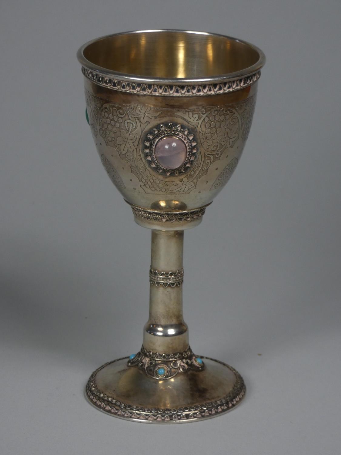 An Israeli silver goblet, by Stanetzky, with applied wirework and semi-precious stones, chased - Image 2 of 9