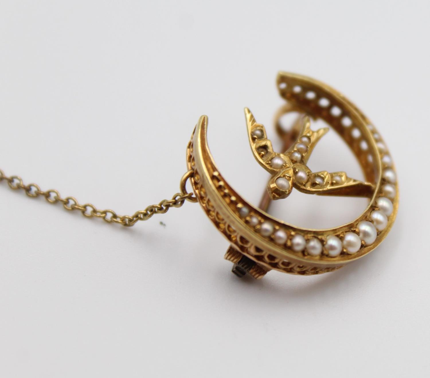 A Victorian 15ct gold and half pearl brooch, Chester hallmark, no date letter, in the form of a - Image 5 of 5