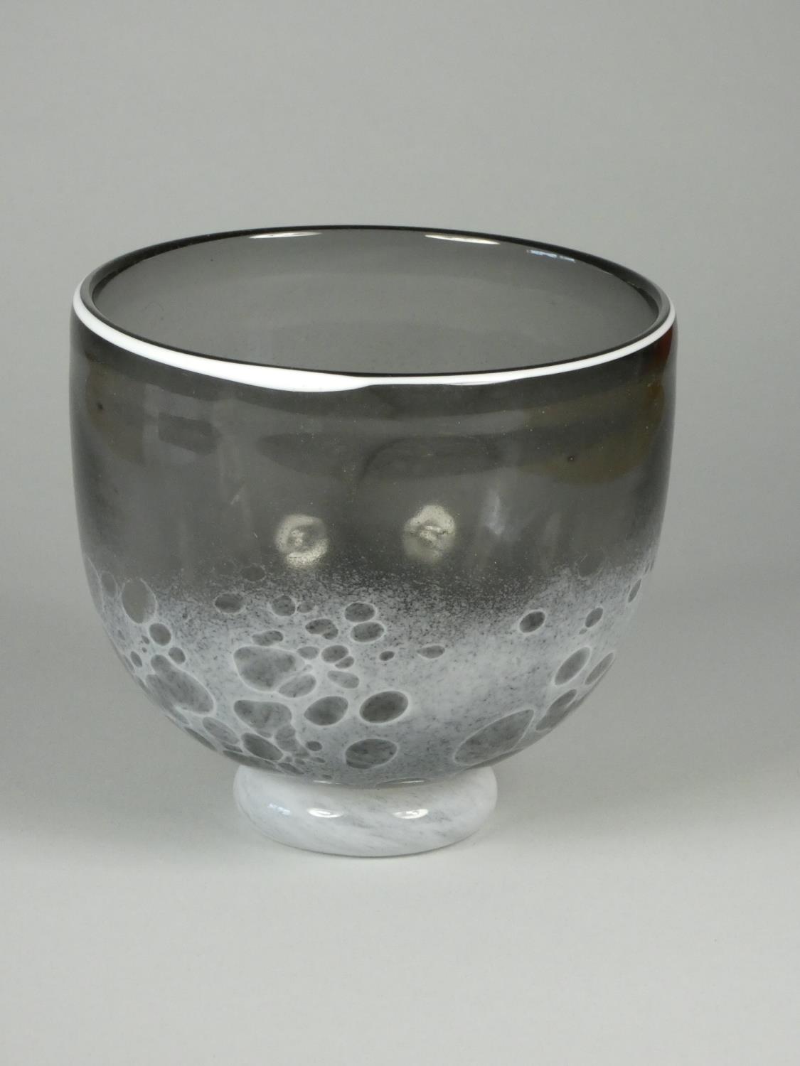 Andrew Sanders, a collection of three glass bowls with grey and black bubble design, engraved