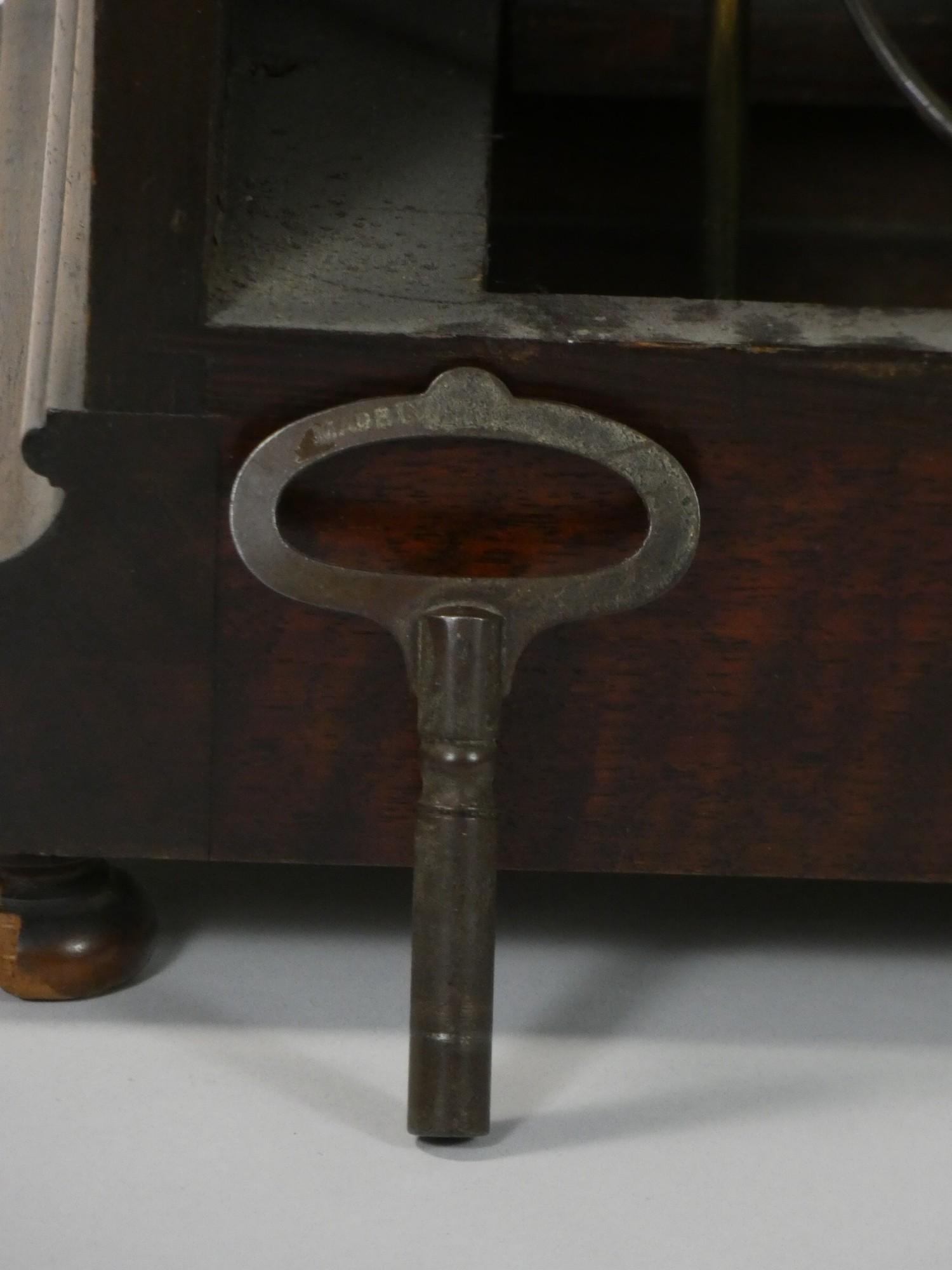 An Edwardian mahogany mantle clock, with silvered dial, subsidiary chime/silent and fast/slow dials, - Image 6 of 6