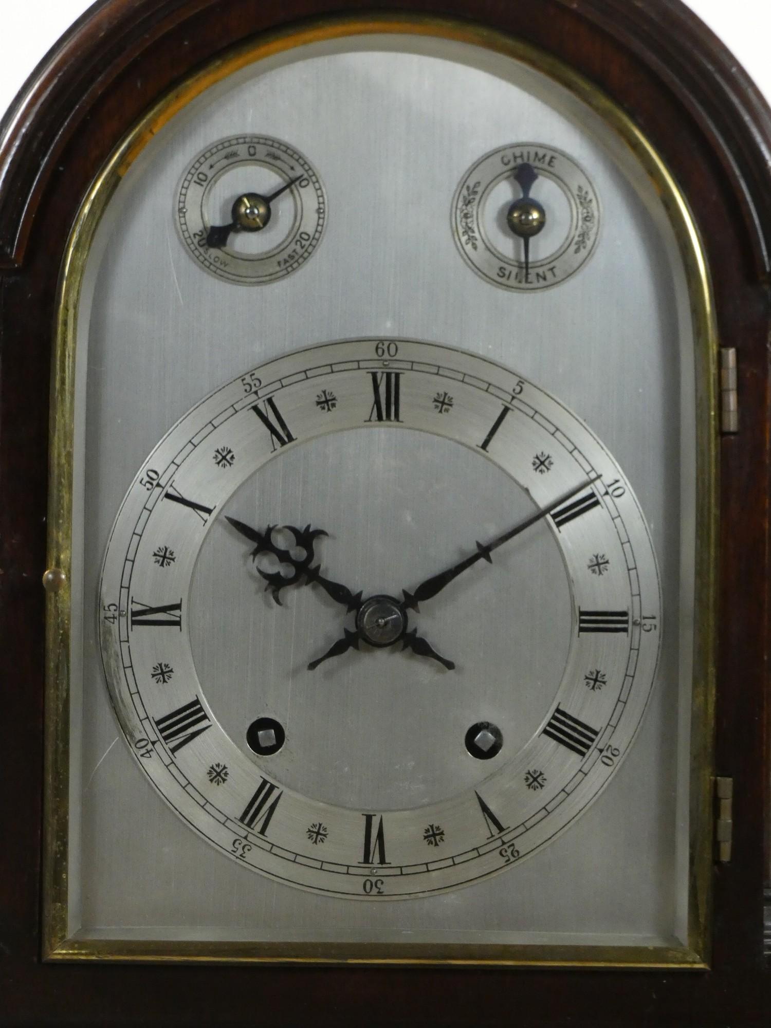 An Edwardian mahogany mantle clock, with silvered dial, subsidiary chime/silent and fast/slow dials, - Image 2 of 6