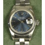 A ladies stainless steal Rolex Oyster Perpetual date bracelet watch circa 1989, REF. 69160, blued