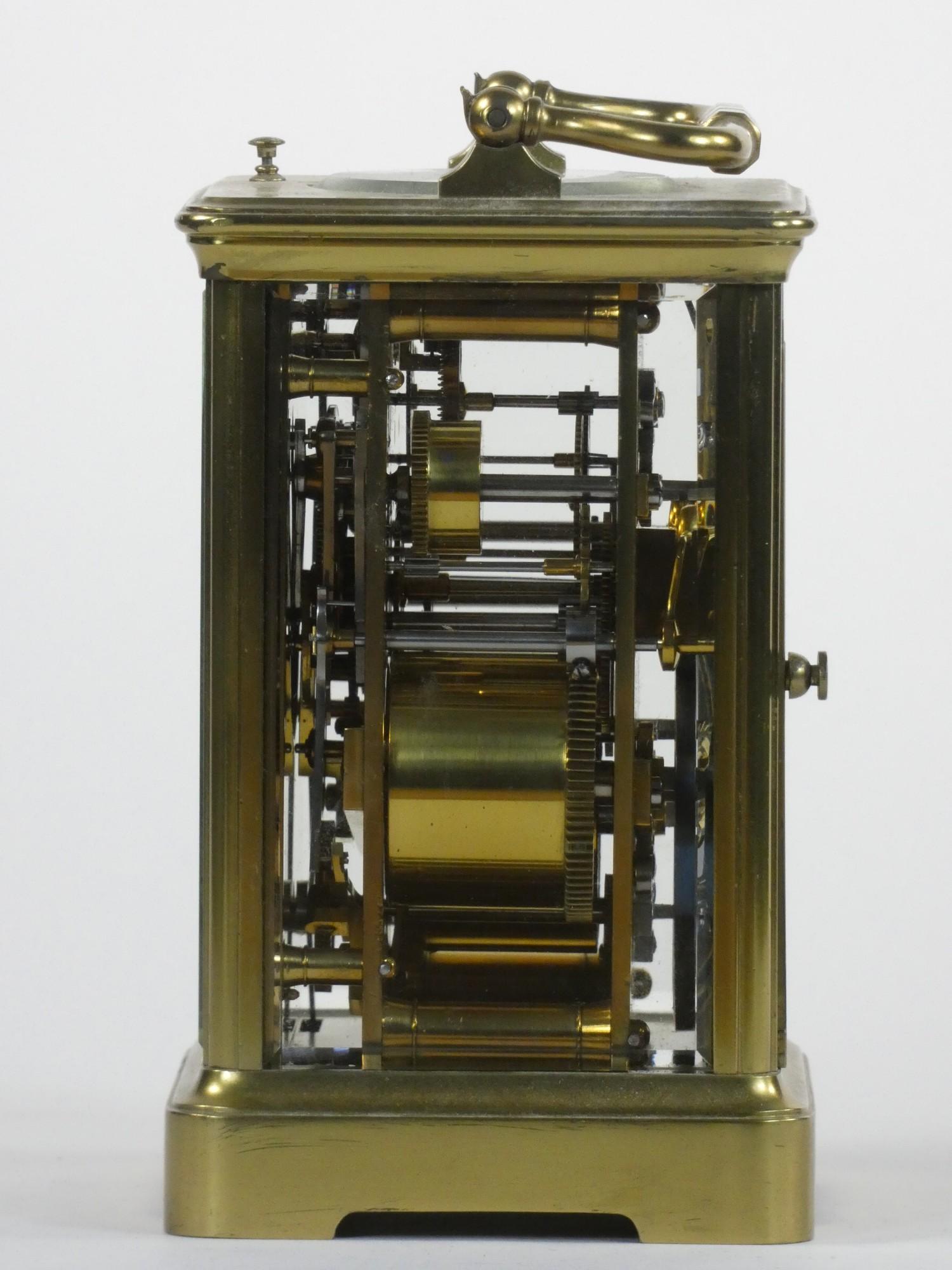 A brass carriage striking, repeating and alarm clock, the white enamel dial unsigned, subsidiary - Image 4 of 6