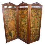 An Edwardian mahogany framed decoupage three fold screen, each panel decorated with various