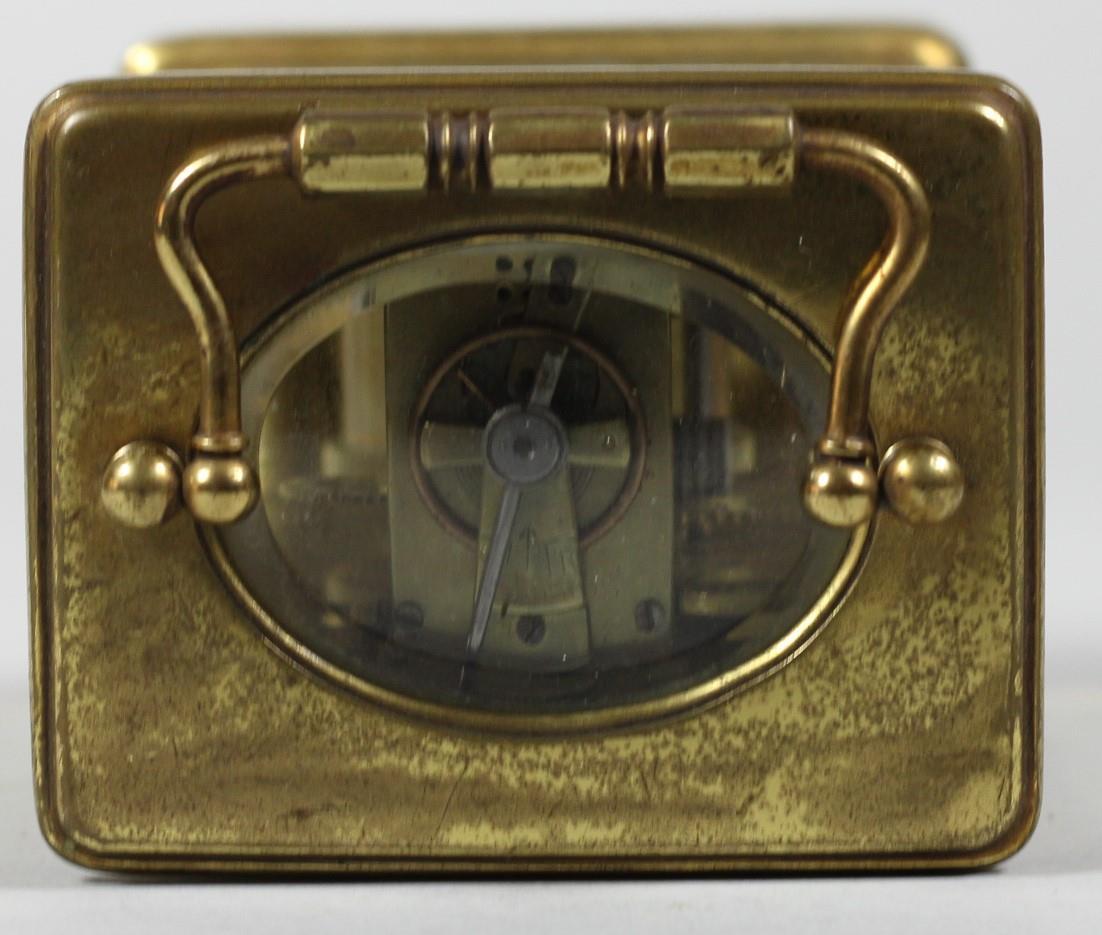 A French brass carriage time piece, the white enamel dial unsigned, the movement stamped Made in - Image 5 of 6