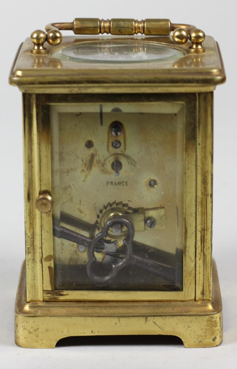 A French brass carriage time piece, the white enamel dial unsigned, the movement stamped Made in - Image 3 of 6