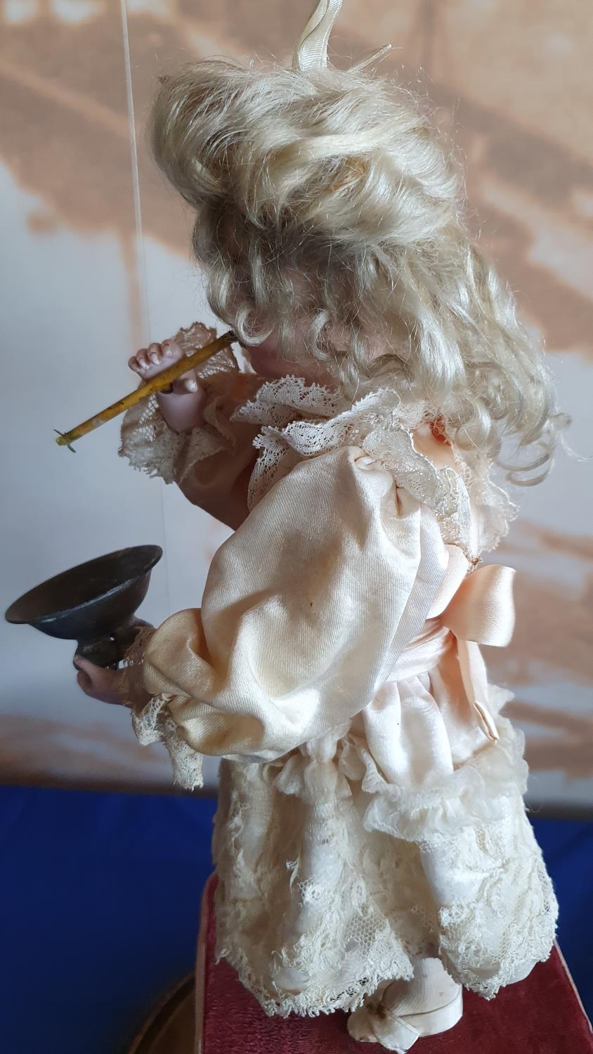 A French lady blowing bubbles automaton with a closed mouth Jumeau head, with brown glass eyes, - Image 4 of 7