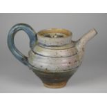 Charles Bound (b.1939), a large stoneware tea pot, with abstract pattern, mottled and ribbed blue,