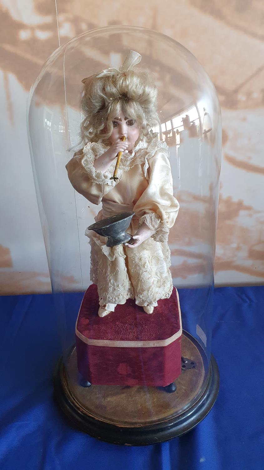 A French lady blowing bubbles automaton with a closed mouth Jumeau head, with brown glass eyes, - Image 2 of 7