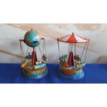 Two German tin plated fairground carousels, printed decoration and Made in Western Germany, 16 x