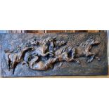 A fibreglass relief panel of horses galloping, 48 x 120 cm and a print of an owl (2)