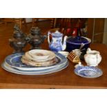 Two large Willow pattern meat platters, together with a Spode coffee pot, a pair of 20th Century