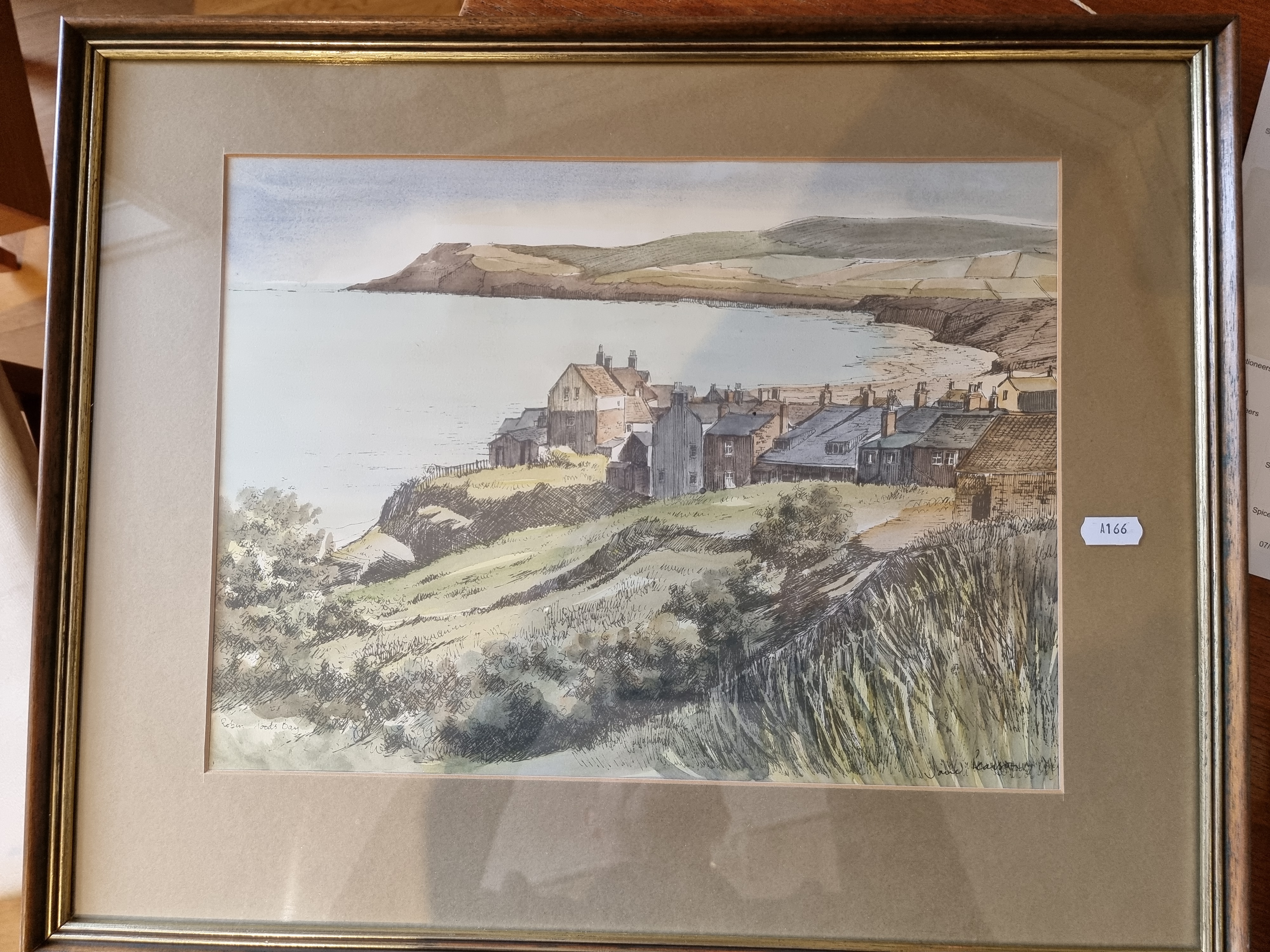 Jane Pearson, Robin Hoods Bay, watercolour and pen, 27 x 37cm, a print and 3 mirrors