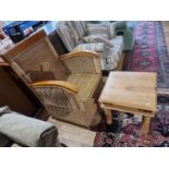 A rattan armchair and a coffee table