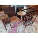Two parquetry wine tables, two drop leaf tables, an umbrella stand and a plant stand