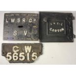 An LNER Gorton cast-iron stove door front, a LMSR sluice valve cover and a G.W wagon plate (3)