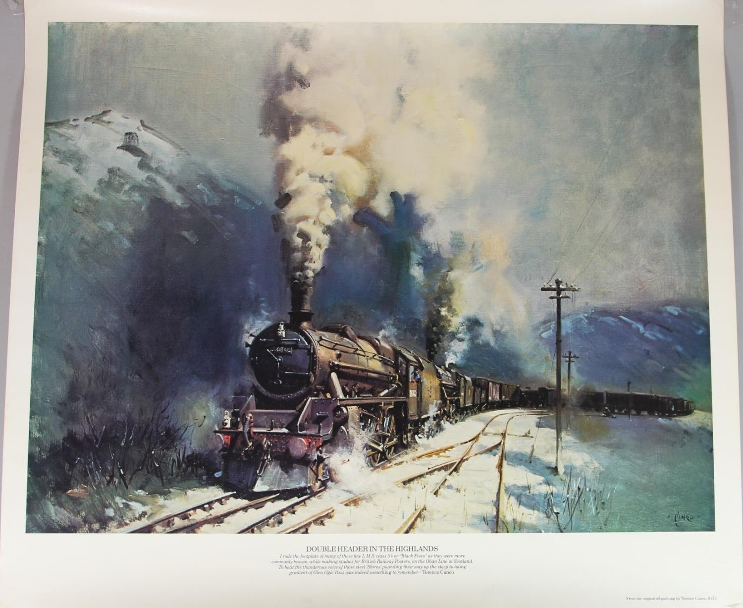 Two rolled Terence Cuneo Prints 'Double Head in the Highlands and 'Out of the Night', 48 x 56 cm (2)