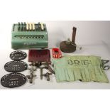 A box of sundry items to include- cloth container of 8 tools marked B.R(E)D.M Flectcher, Frodringham
