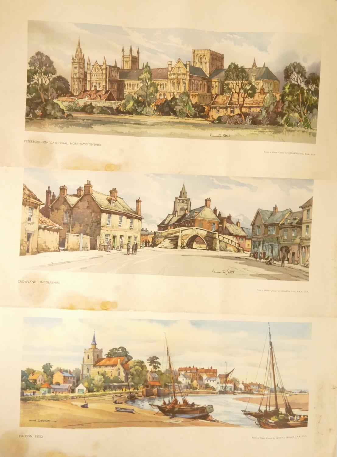 Three unframed carriage prints to include- Peterborough Castle, Crowland Lincolnshire and Maldon