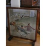 A mid 20th century maghonany fire screen depicing an woolwork oriental scene of dancing ladies 84 cm