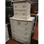 A regency style bow fronted 5 height chest of drawers 95cm tall 77cm wide, together with a painted