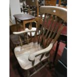 An substanial oak high backed county kitchen chair, together with 3 mid 20th century dining chairs