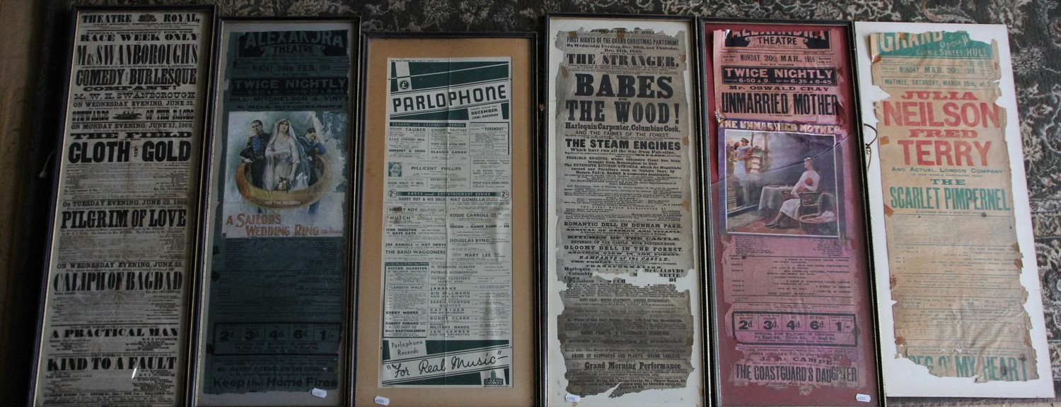 A collection of six framed and un-framed production posters "Hull Theatre" dating from the late 18th
