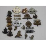 A collection of cap badges and pips, to include the tank regiment, the Welch and HM Prisons