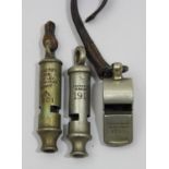 A R.A. Walton military whistle, broad arrow and 1901, a J. Hudson example dated 1915 and another