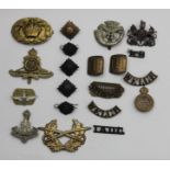 A collection of cap badges and pips, including Cornwall, The Yorkshire Regiment and N. Stafford