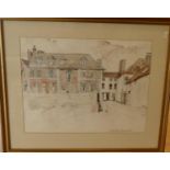 A David Birtwhistle gilt framed watercolour depicting a street scene 64 x 54 cm, a Jim Barnes