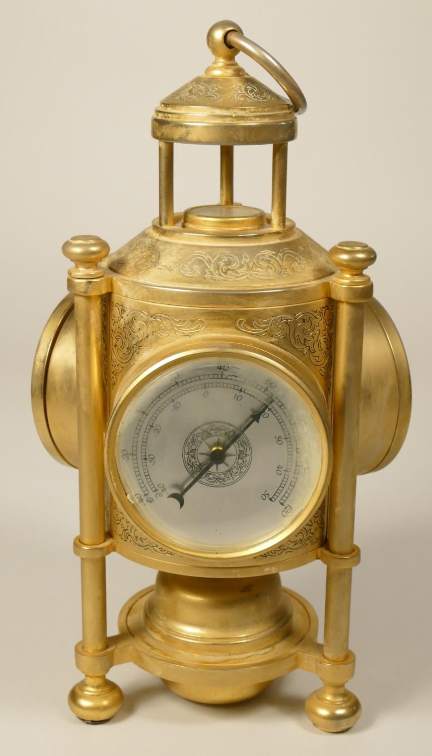 A brass desk compendium, comprising quartz clock, barometer, thermometer and compass, height 25 cm - Image 3 of 4