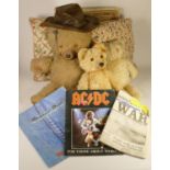 A mid 20th Century articulated teddy bear, together with two other teddy bears, three cushions and a
