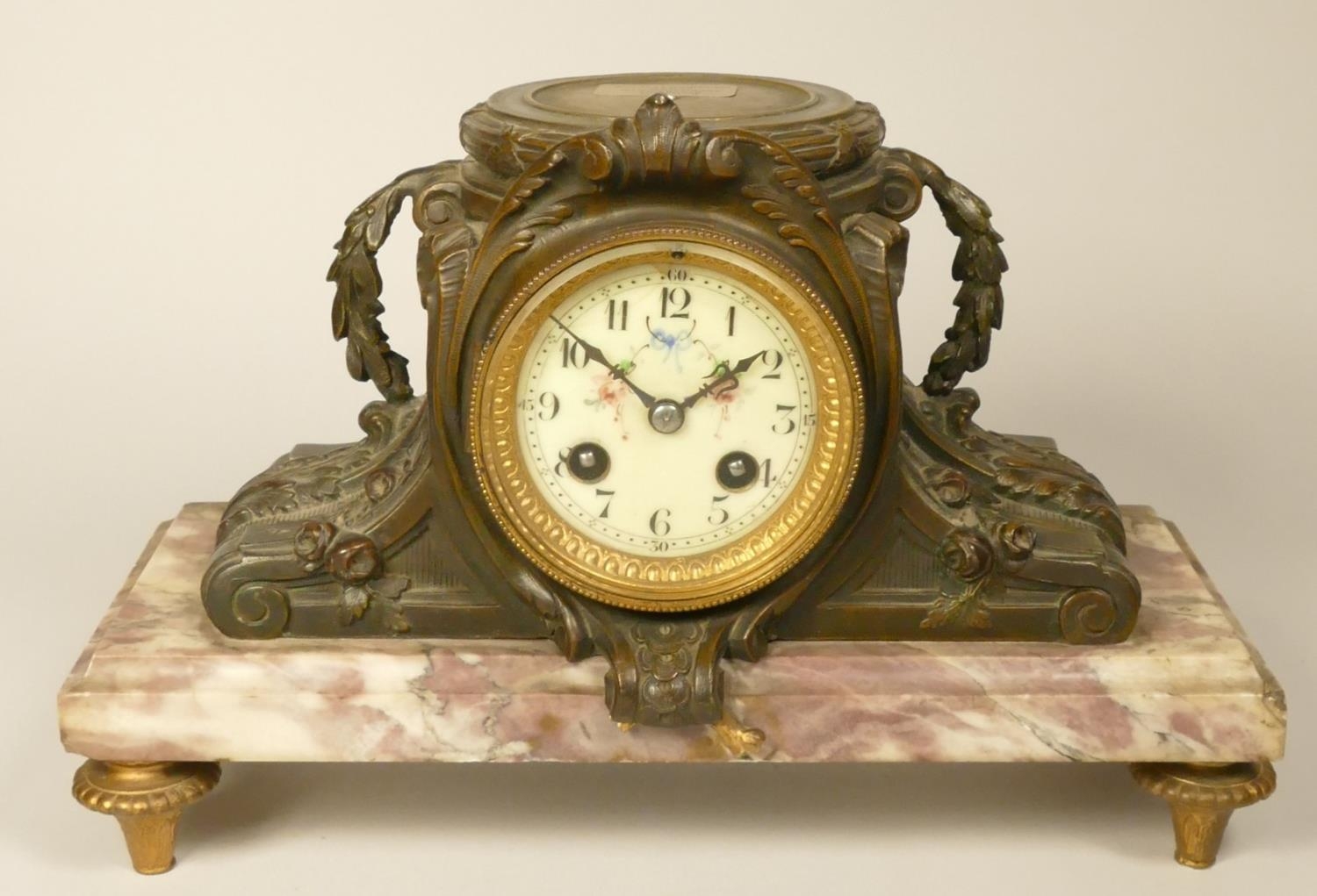 A Aneriod barometer and thermometer, diameter 14 cm, together with a french mantel clock on a onyx - Image 2 of 5