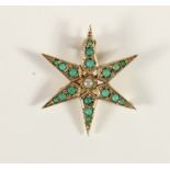 A 9ct gold turquoise and half pearl star brooch, 9ct tab, 2.6gm, 28mm.