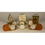 A collection of Swiza clocks to include, Swiza 8 15 Jewel green marble mantel clock, Swiza mignon