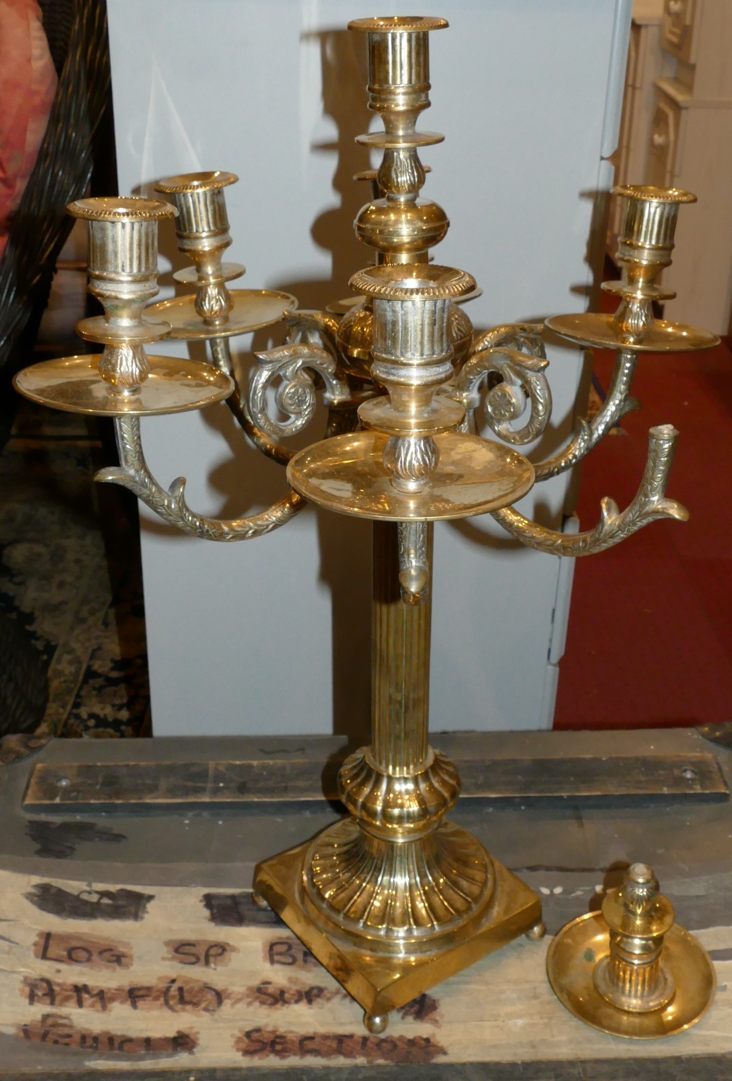 A pair of cast metal French style candelabra, together with a solid brass six branch candelabra, - Image 3 of 5