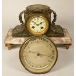 A Aneriod barometer and thermometer, diameter 14 cm, together with a french mantel clock on a onyx