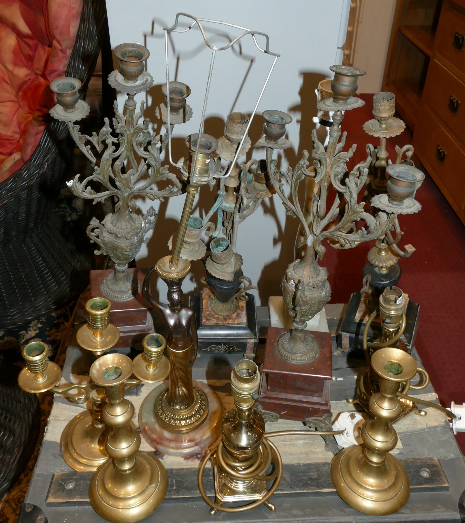 A pair of cast metal French style candelabra, together with a solid brass six branch candelabra, - Image 4 of 5